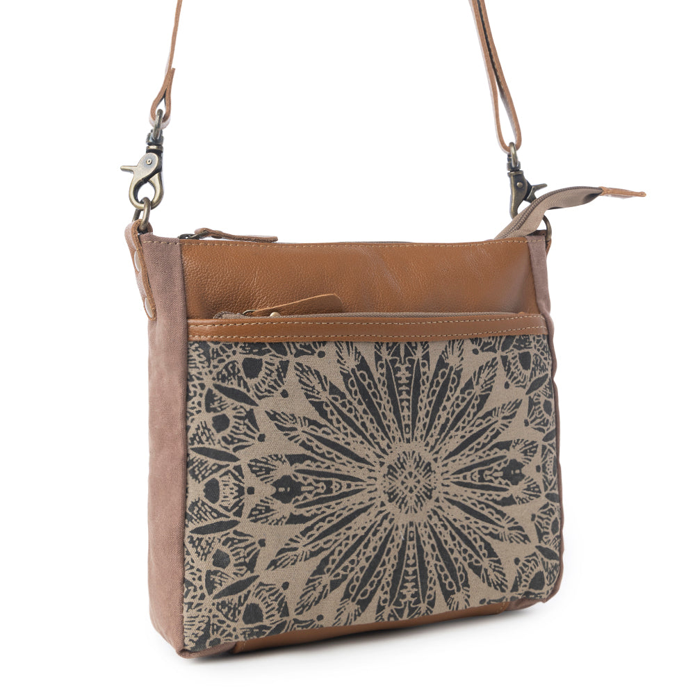Myra Dizzy Circle Leather Shoulder Bag for Women Sunburst Floral Print, Adjustable Strap, Rustic Everyday Companion