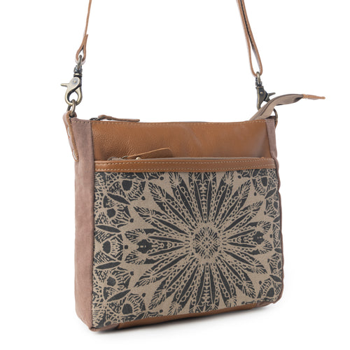 Myra Dizzy Circle Leather Shoulder Bag for Women Sunburst Floral Print, Adjustable Strap, Rustic Everyday Companion - Myra USA