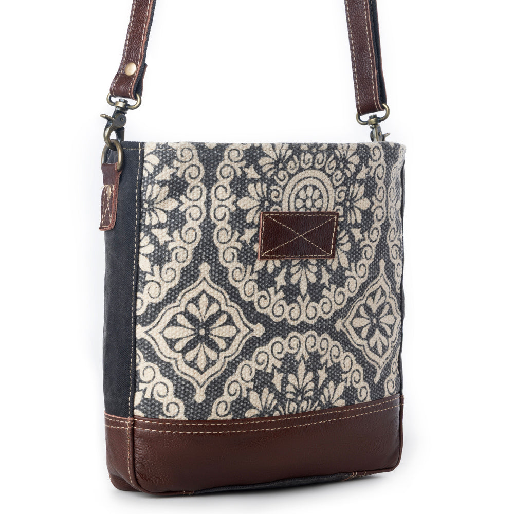 Myra Freaky Leather Shoulder Bag - Tribal Floral Print with Leather Trim for Everyday Bohemian Chic - Myra USA