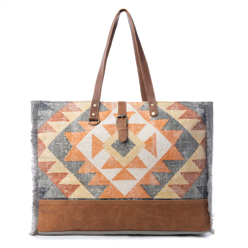 Myra Cosmopolitan Weekender Tote Bag Fringed Edges, Aztec Print Design with Buckle Flap Closure for Travel - Myra USA