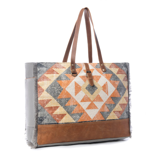 Myra Cosmopolitan Weekender Tote Bag Fringed Edges, Aztec Print Design with Buckle Flap Closure for Travel - Myra USA