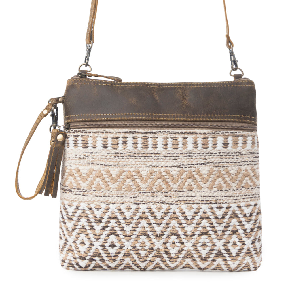 Myra Contentent Aztec Sling Bag for Women – Patterned Canvas, Brown Leather Trim, Crossbody for Everyday Western Look - Myra USA