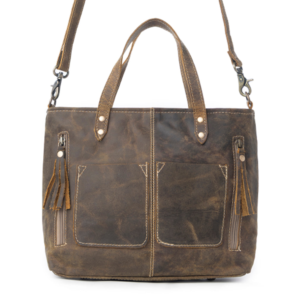 Myra Ultimate Choice Brown Suede Leather Handbag for Women Twin Top Handles, Crossbody Strap, Double Front Pockets - Myra USA
