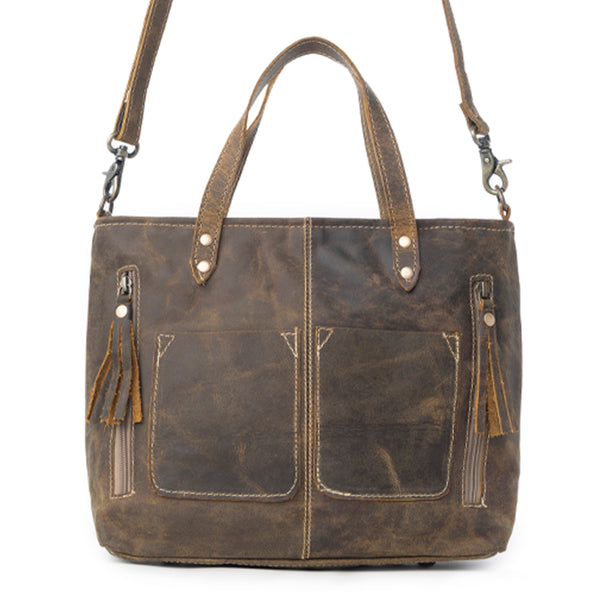 Myra Ultimate Choice Brown Suede Leather Handbag for Women Twin Top Handles, Crossbody Strap, Double Front Pockets - Myra USA