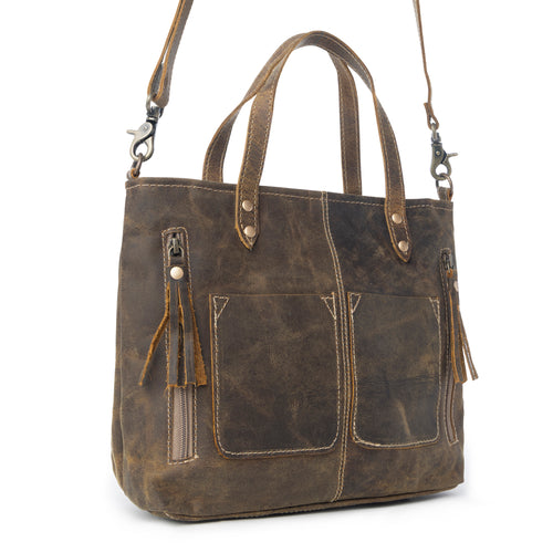 Myra Ultimate Choice Brown Suede Leather Handbag for Women Twin Top Handles, Crossbody Strap, Double Front Pockets - Myra USA