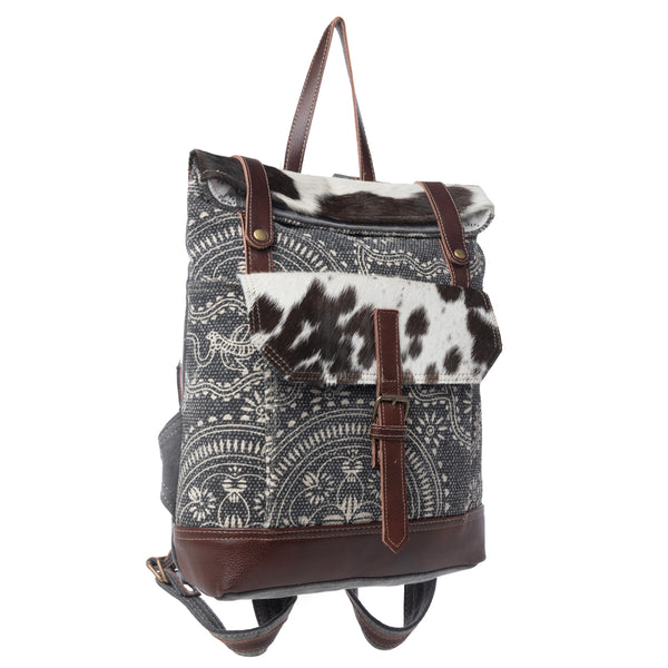 Myra Vibe with Me Hairon Canvas Backpack for Women Mandala Print, Leather Straps for Boho Travel & Western Day Trips - Myra USA