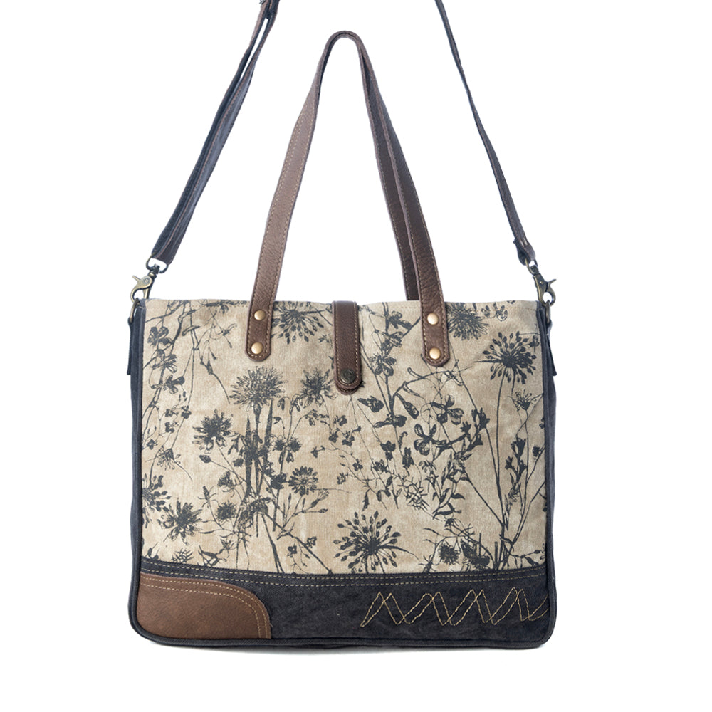 Myra Mystique Canvas Leather Messenger Bag - Dual Strap Floral Satchel with Vintage Print and Adjustable Crossbody Design