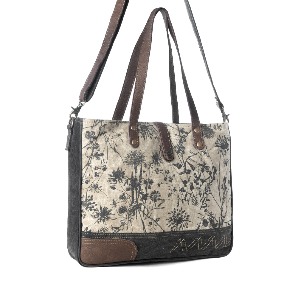 Myra Mystique Canvas Leather Messenger Bag - Dual Strap Floral Satchel with Vintage Print and Adjustable Crossbody Design