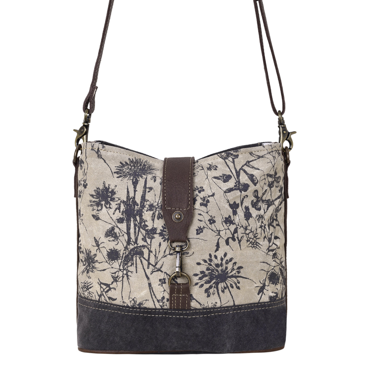 Myra Debonair Shoulder Bag for Women with upcycled canvas  in floral print with adjustable leather straps