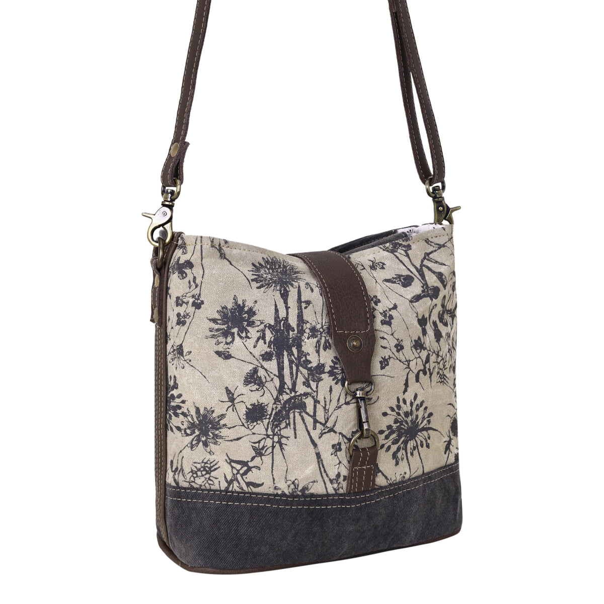 Myra Debonair Shoulder Bag for Women with upcycled canvas  in floral print with adjustable leather straps