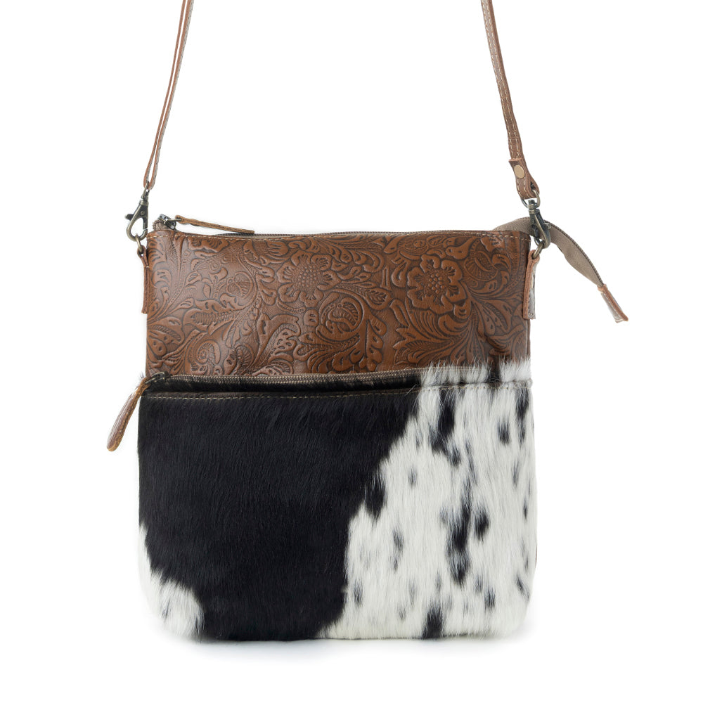 Myra Frontier Trail Embossed Leather Crossbody Bag Western Hairon Purse with Adjustable Leather Strap - Myra USA