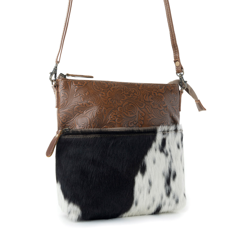 Myra Frontier Trail Embossed Leather Crossbody Bag Western Hairon Purse with Adjustable Leather Strap - Myra USA