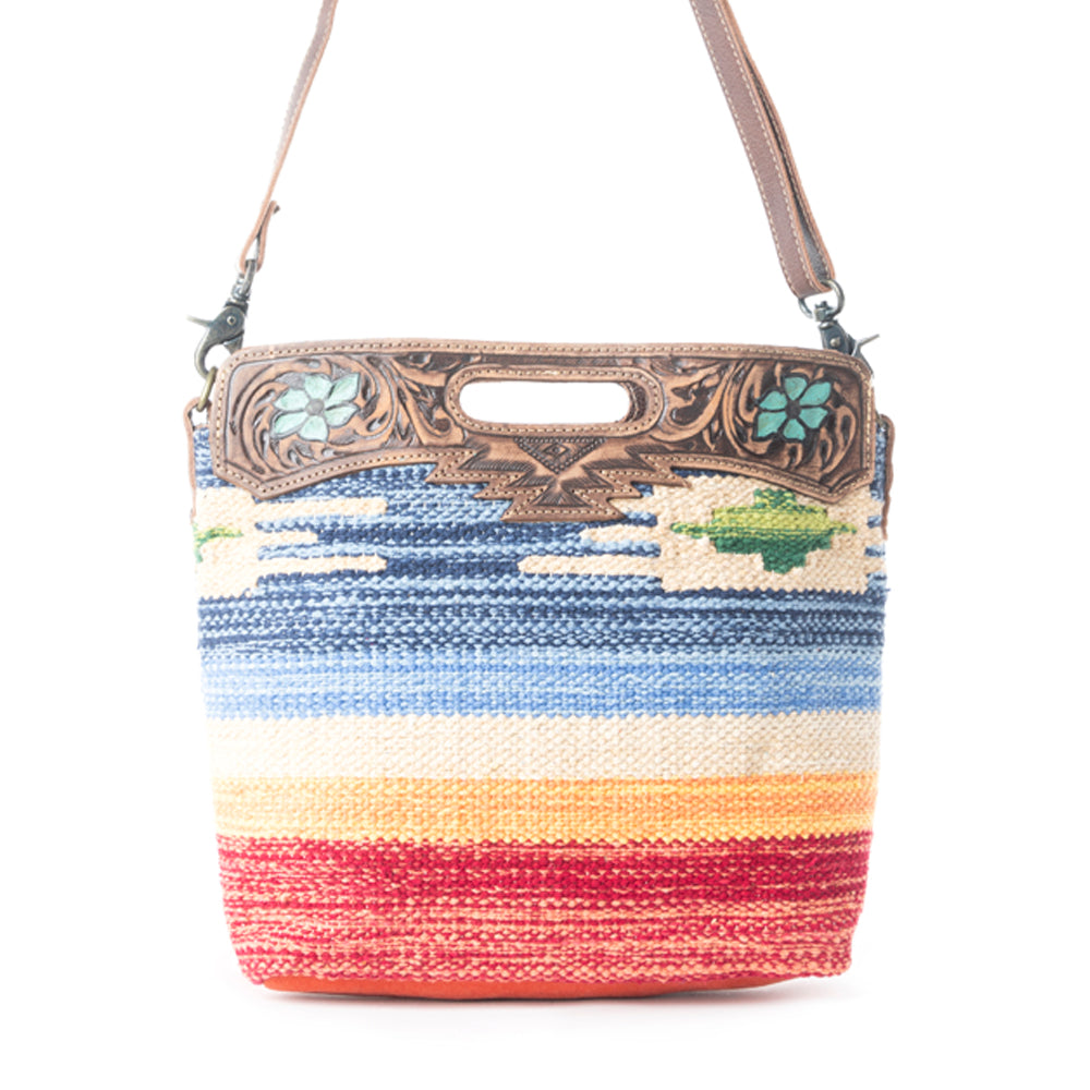 AZURE PETALS HAND TOOLED BAG.