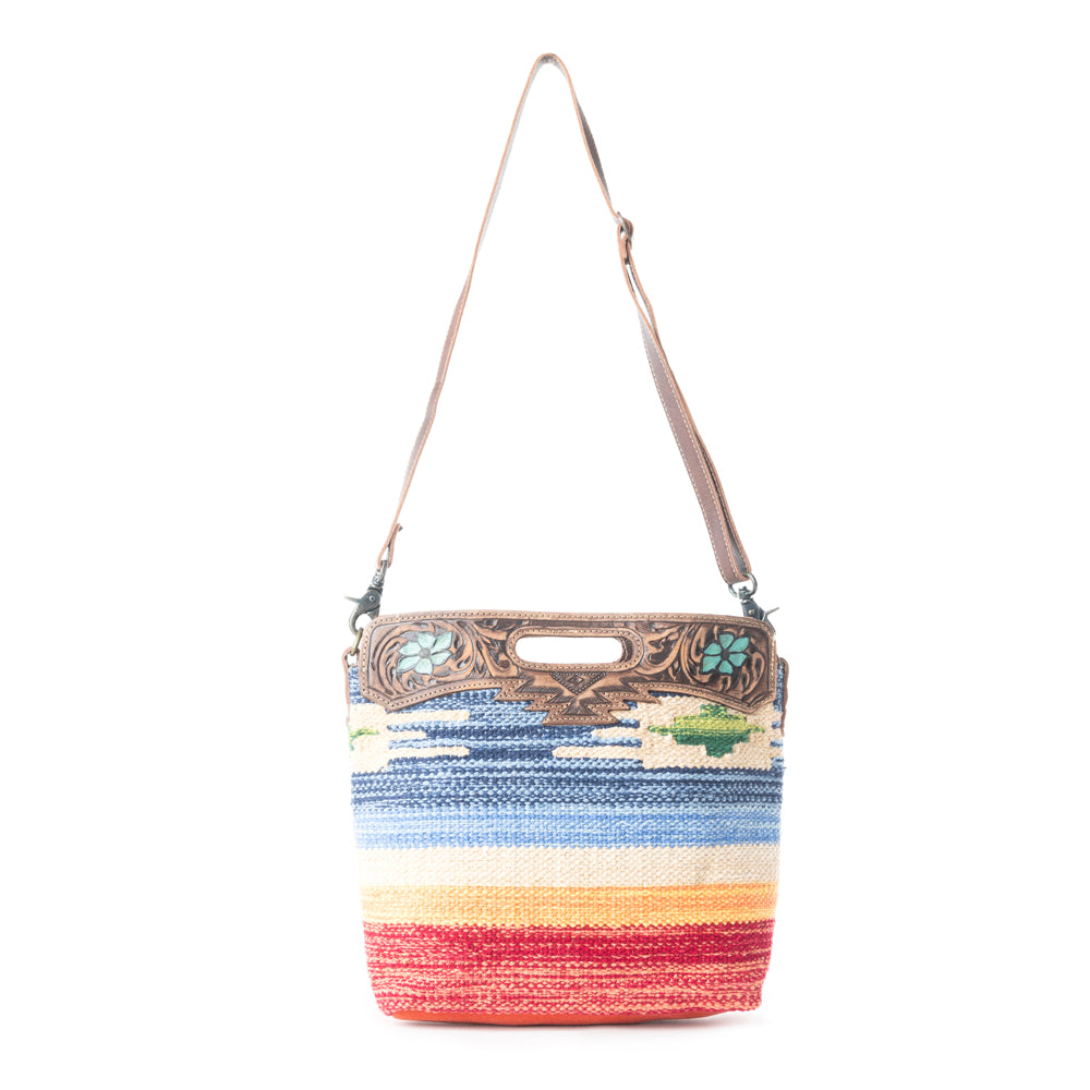AZURE PETALS HAND TOOLED BAG.