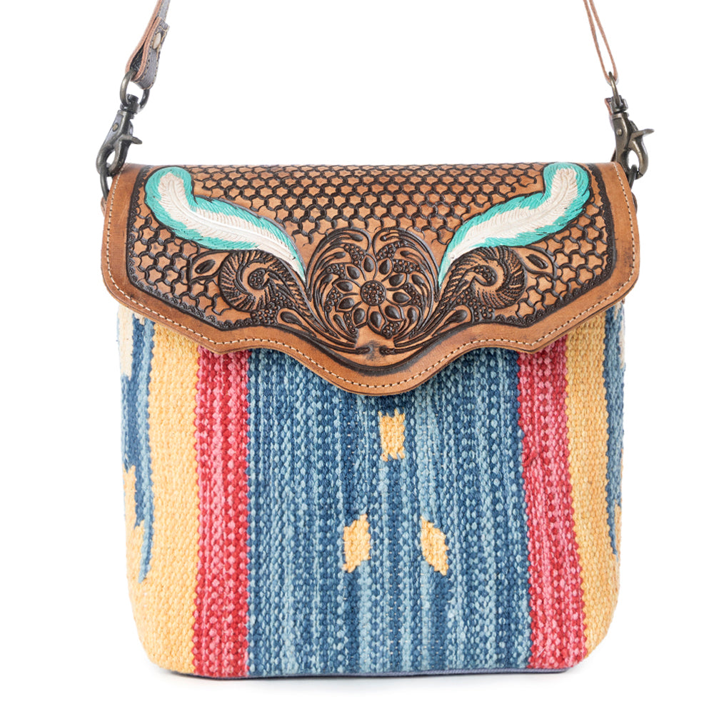 BLUE FEATHER HAND TOOLED BAG - Myra USA