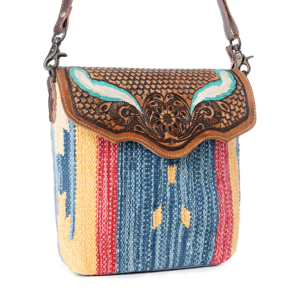 BLUE FEATHER HAND TOOLED BAG