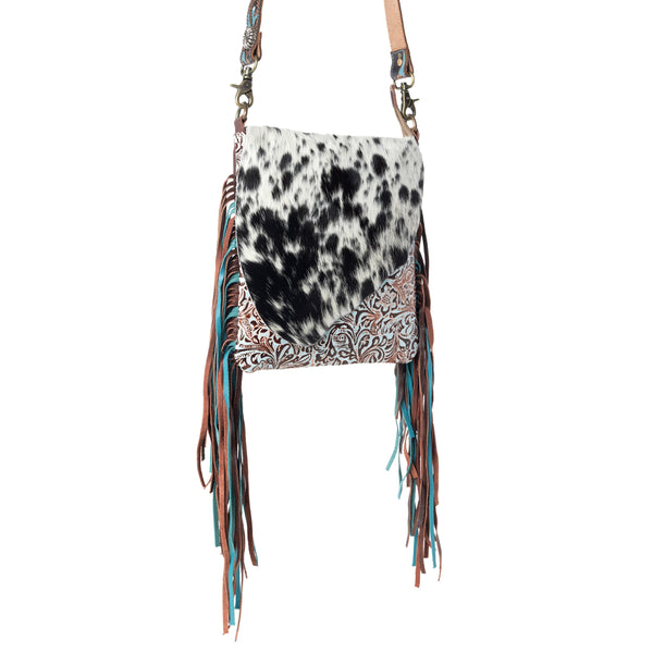 Myra Cobal Blue Concealed Carry Bag in Hair on Leather with embossed turquoise detailing and fringe