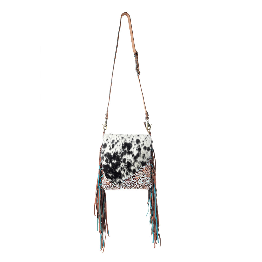 Myra Cobal Blue Concealed Carry Bag in Hair on Leather with embossed turquoise detailing and fringe - Myra USA