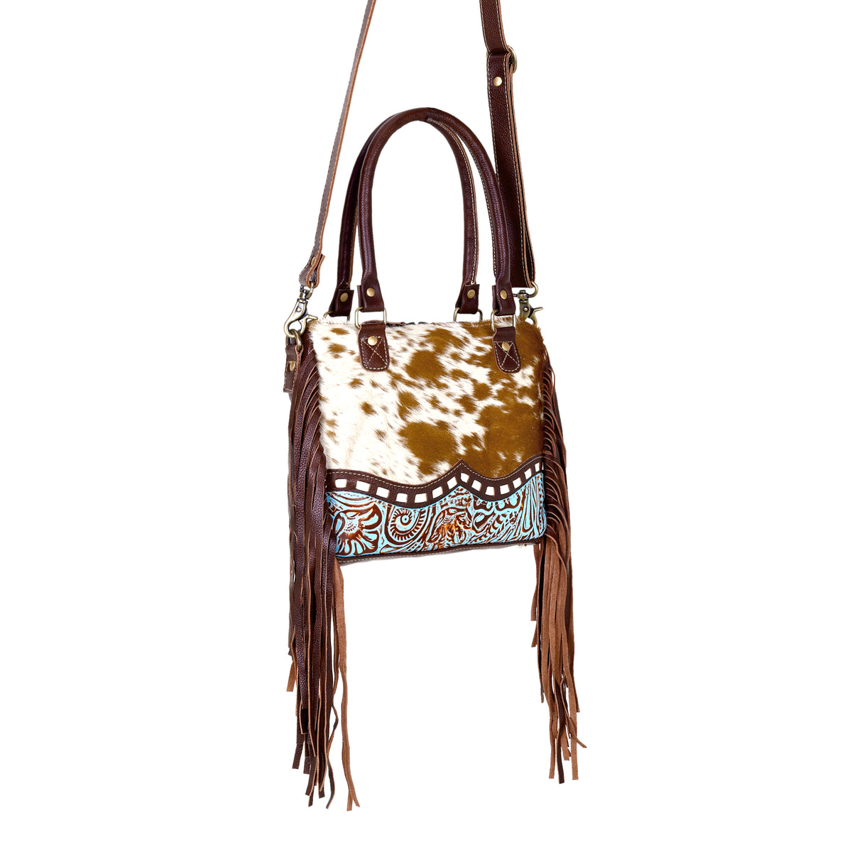 Myra Brown Freckles Concealed Carry Bag Hairon Leather with Fringe Detail and Tooled Trim, Dual Carry Western Tote - Myra USA