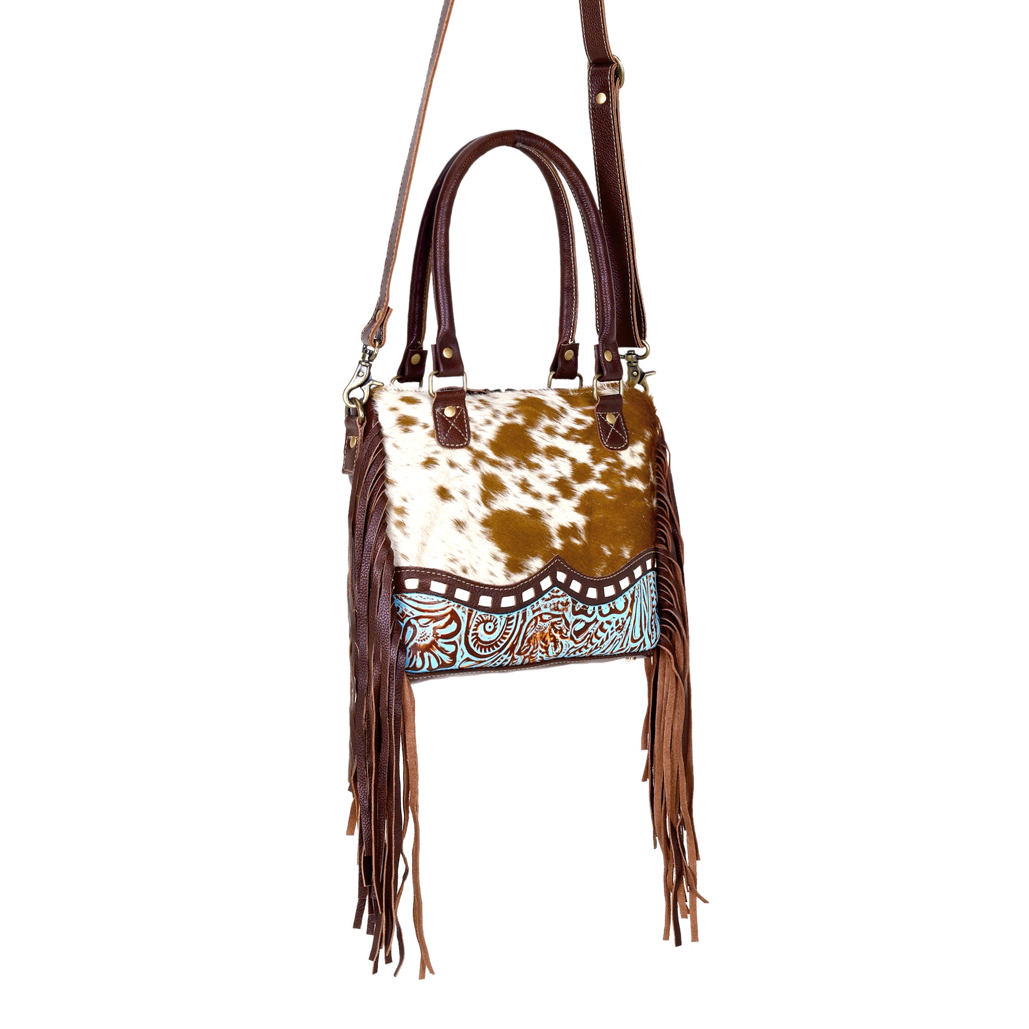 Myra Brown Freckles Concealed Carry Bag Hairon Leather with Fringe Detail and Tooled Trim, Dual Carry Western Tote - Myra USA
