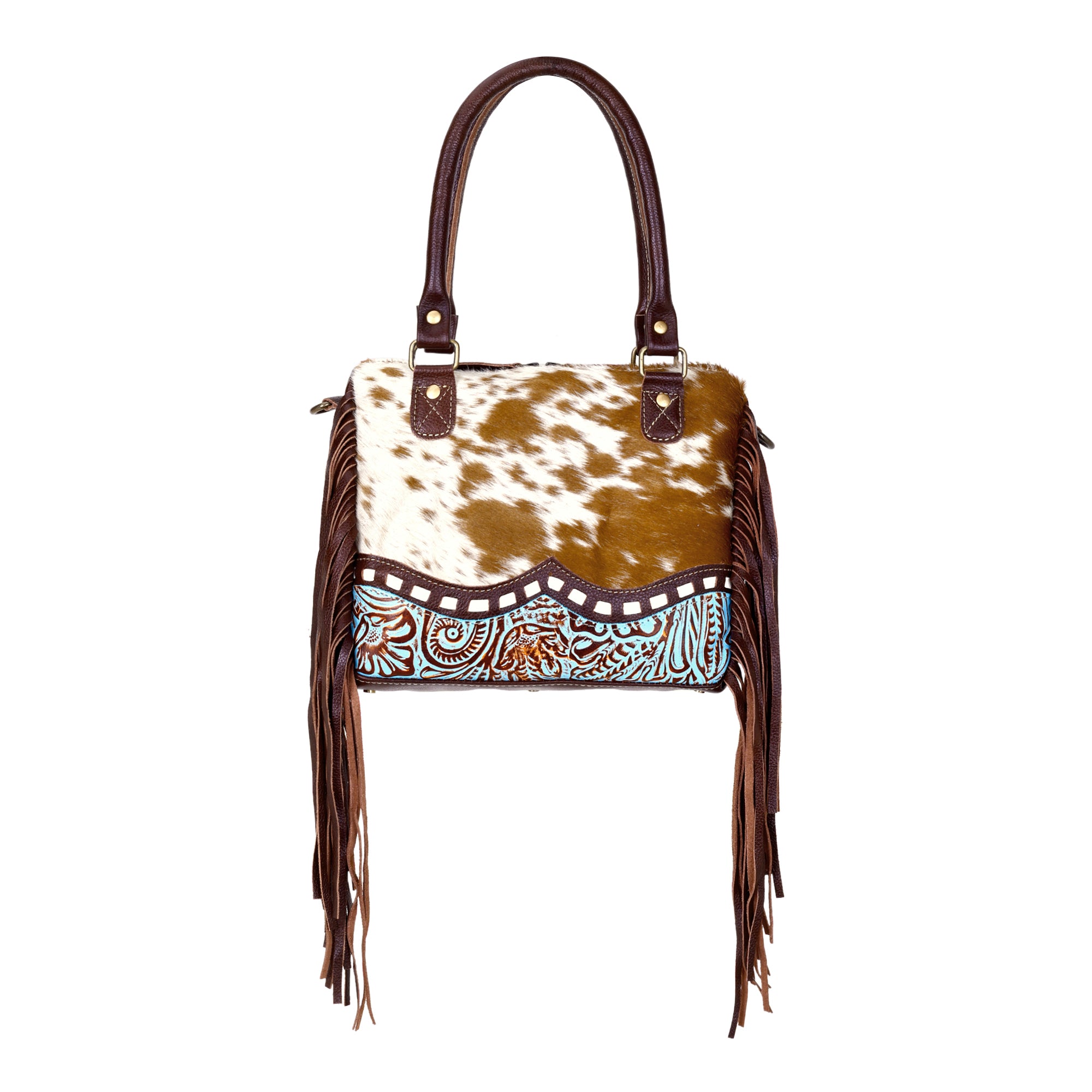 Myra Brown Freckles Concealed Carry Bag Hairon Leather with Fringe Detail and Tooled Trim, Dual Carry Western Tote - Myra USA