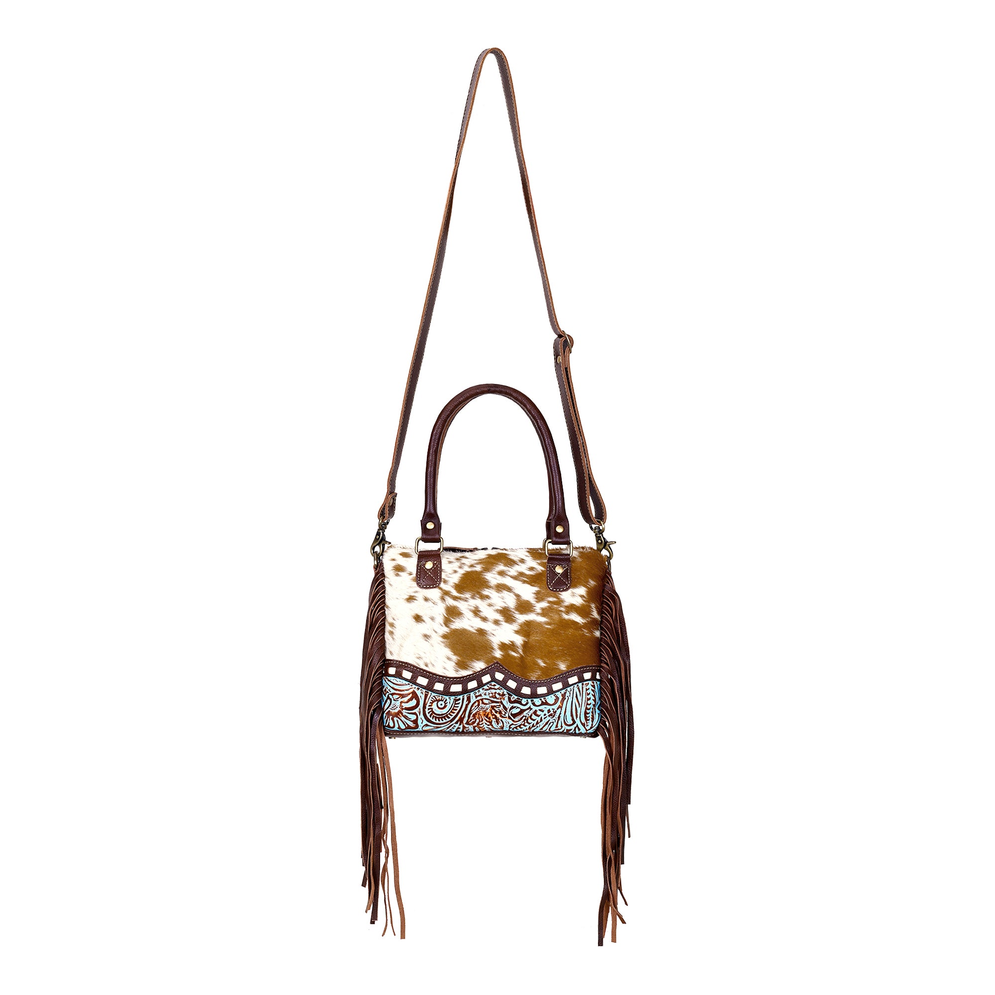 Myra Brown Freckles Concealed Carry Bag Hairon Leather with Fringe Detail and Tooled Trim, Dual Carry Western Tote - Myra USA