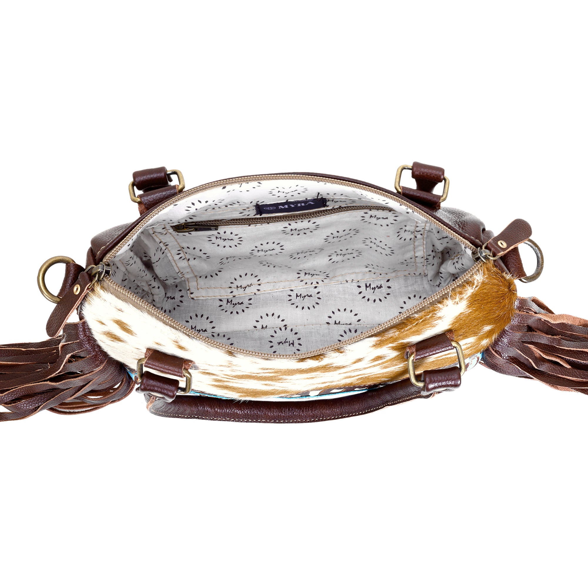 Myra Brown Freckles Concealed Carry Bag Hairon Leather with Fringe Detail and Tooled Trim, Dual Carry Western Tote - Myra USA