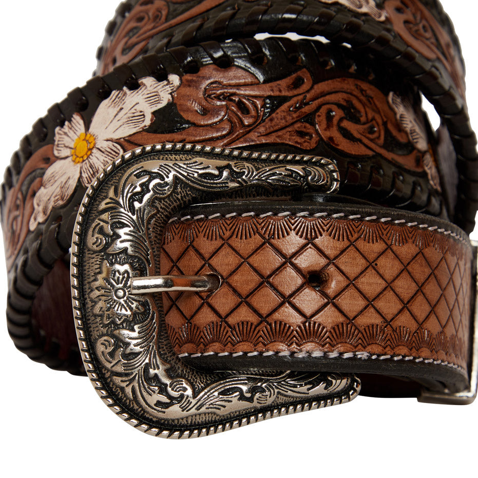 Checkered brown Hand-Tooled Leather Women's Belt - MyraUSA