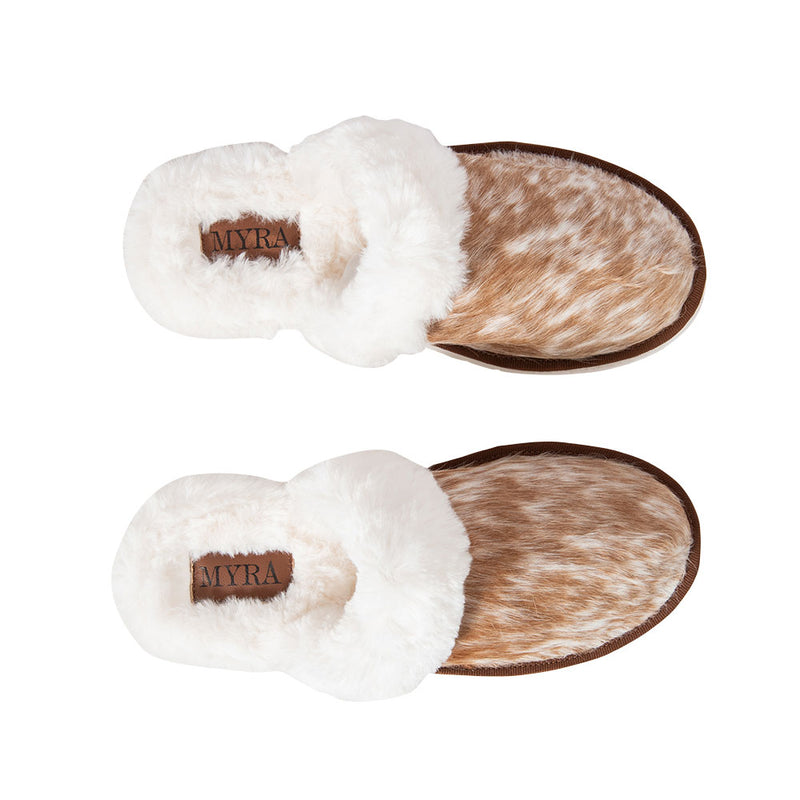 Western slippers with brown and white hairon leather and soft, fluffy white lining