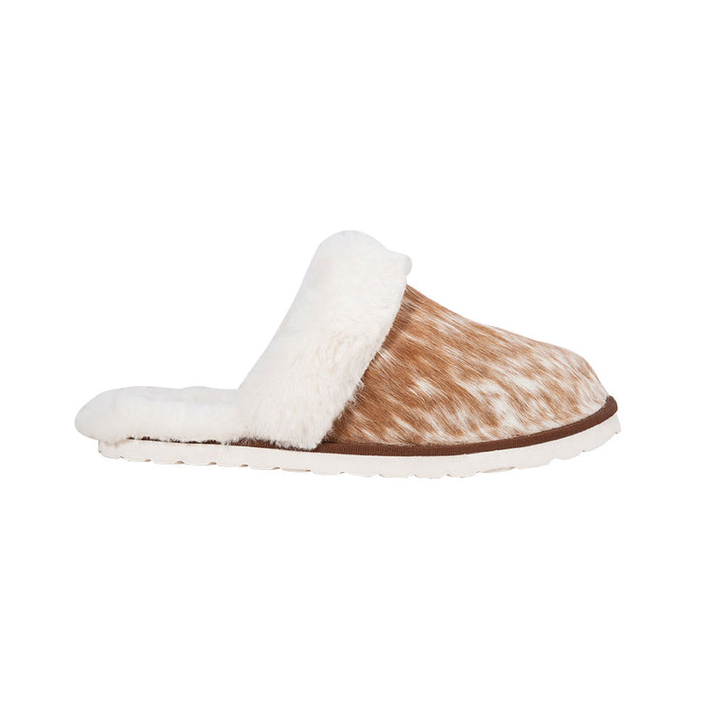 Western slippers with brown and white hairon leather and soft, fluffy white lining