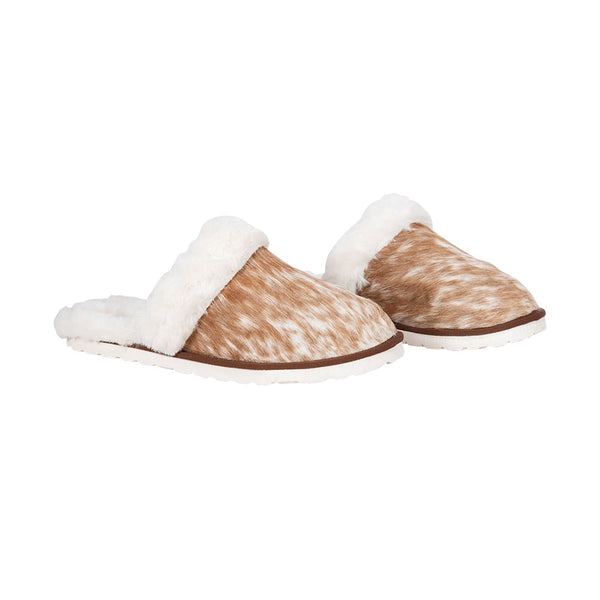 Western slippers with brown and white hairon leather and soft, fluffy white lining