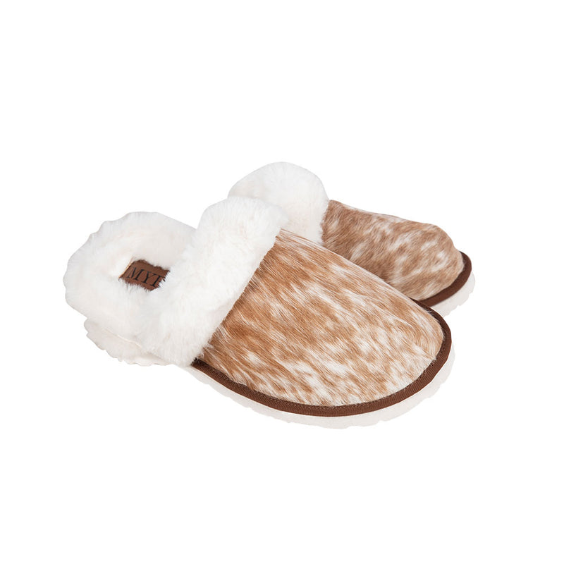 Western slippers with brown and white hairon leather and soft, fluffy white lining