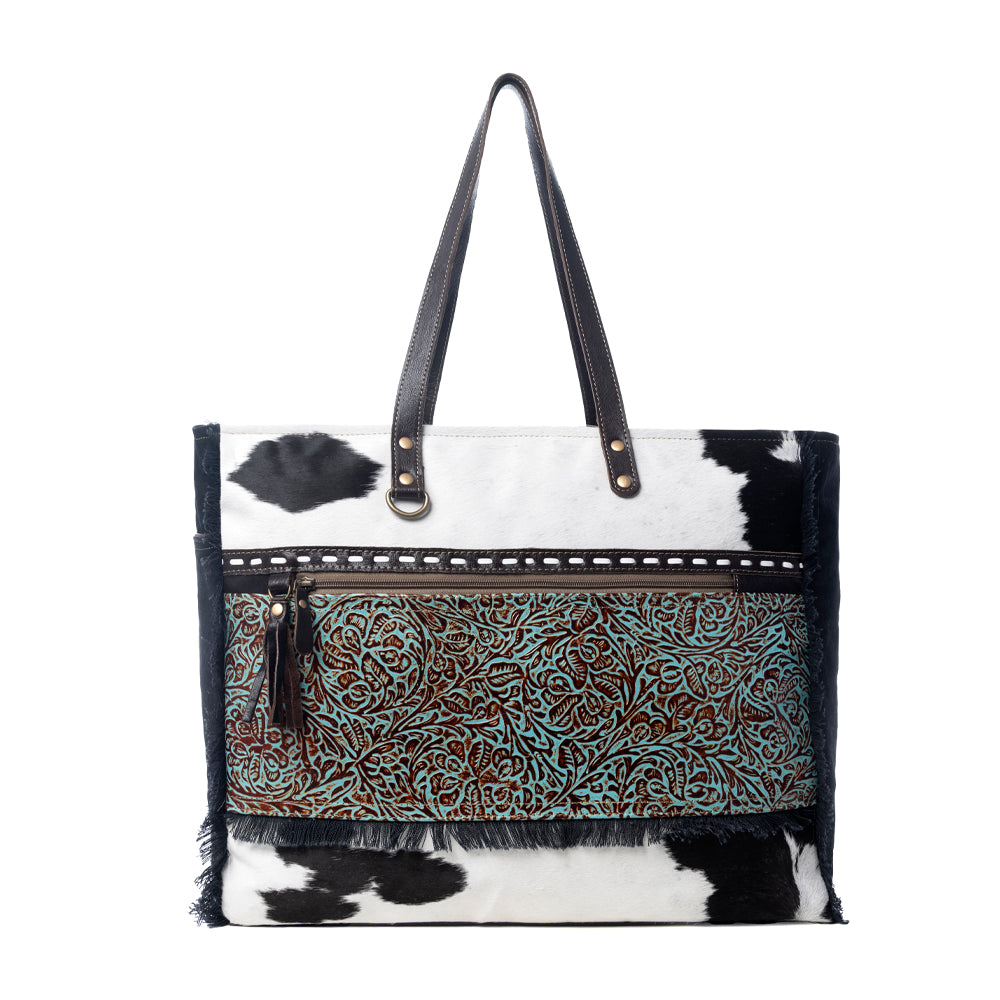 Myra Sea Grass Hair-On Leather Tote - Spacious Cowhide Bag with Embossed Front Pocket for Everyday Elegance - Myra USA