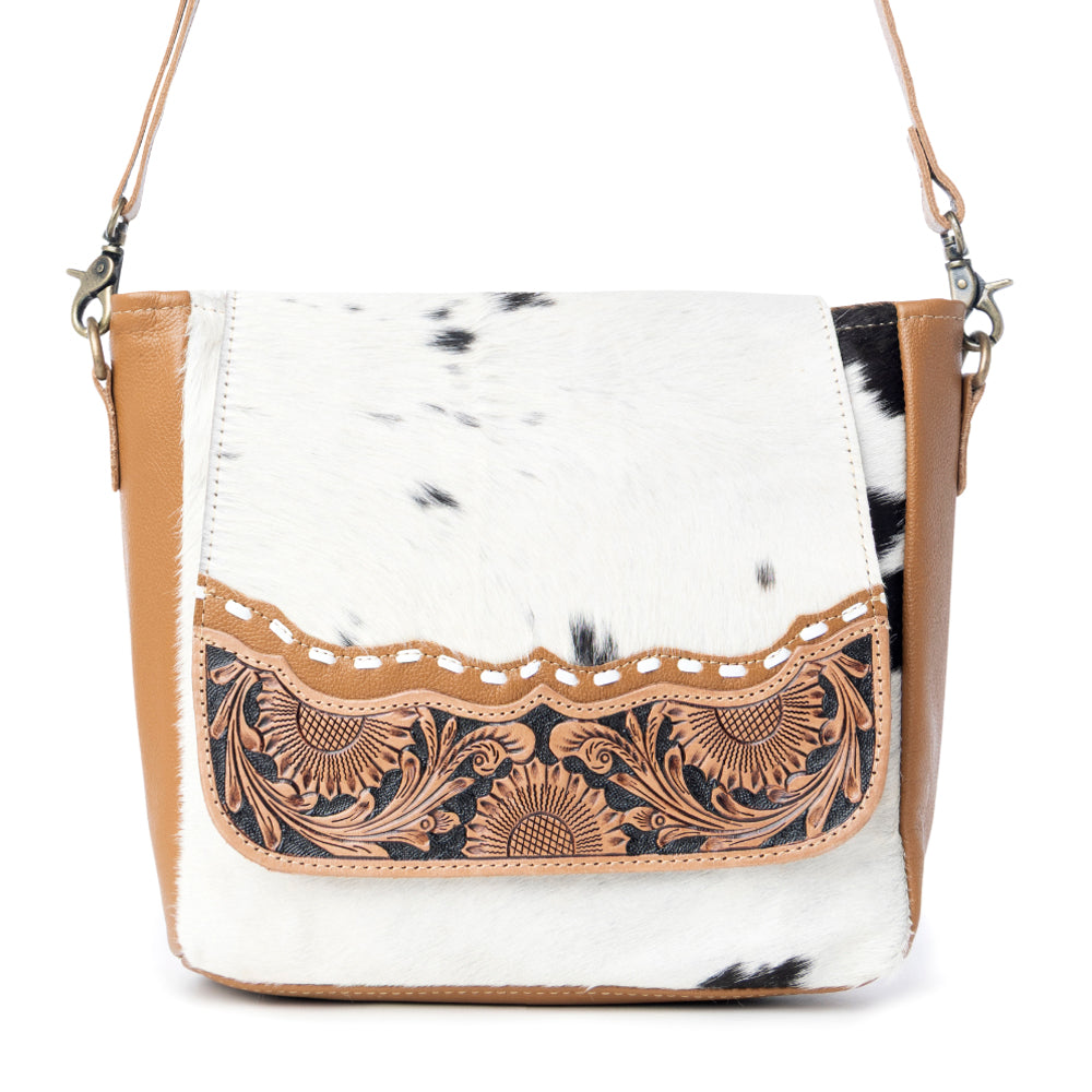Myra Mangnifique Hairon Leather Crossbody Bag – Handtooled Flap, Concealed Carry Pocket & Adjustable Strap - Myra USA