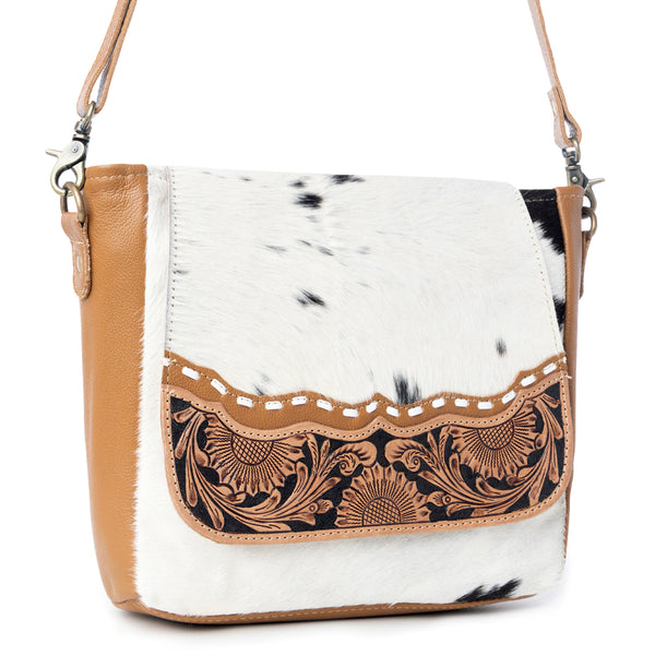 Myra Mangnifique Hairon Leather Crossbody Bag – Handtooled Flap, Concealed Carry Pocket & Adjustable Strap - Myra USA