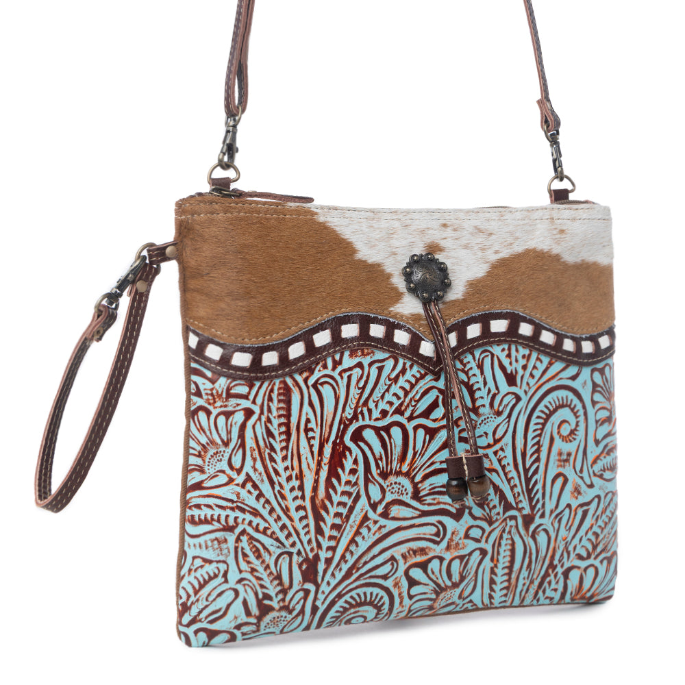 Myra Blue Isle Embossed Leather Crossbody Bag for Women Small Size Western Sling with Hairon Accents - Myra USA
