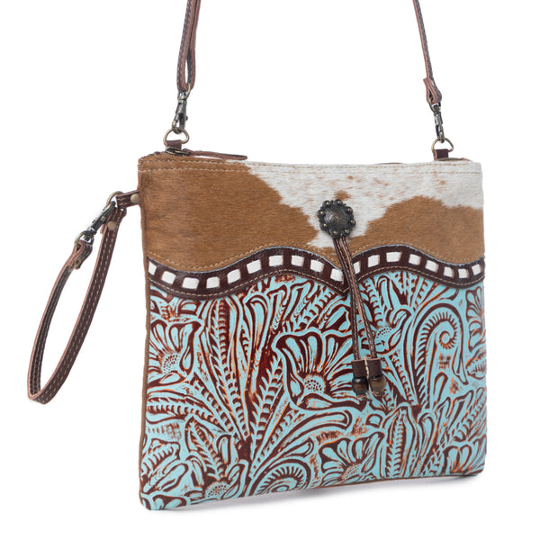 Myra Blue Isle Embossed Leather Crossbody Bag for Women Small Size Western Sling with Hairon Accents - Myra USA