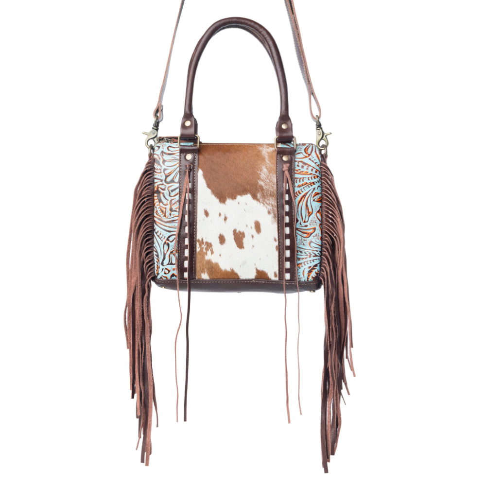 Myra Maia Hairon Leather Concealed Carry Bag for Women – Tooled Leather Panels, Fringed Sides, Dual Straps for Easy Carry - Myra USA