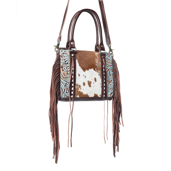 Myra Maia Hairon Leather Concealed Carry Bag for Women – Tooled Leather Panels, Fringed Sides, Dual Straps for Easy Carry - Myra USA