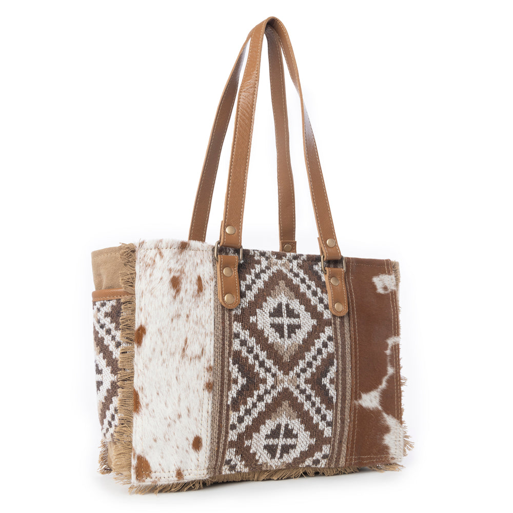 Myra Elisa Le Hairon Leather Tote Bag Fringe Accents, Handwoven Tribal Design for Everyday Use - Myra USA