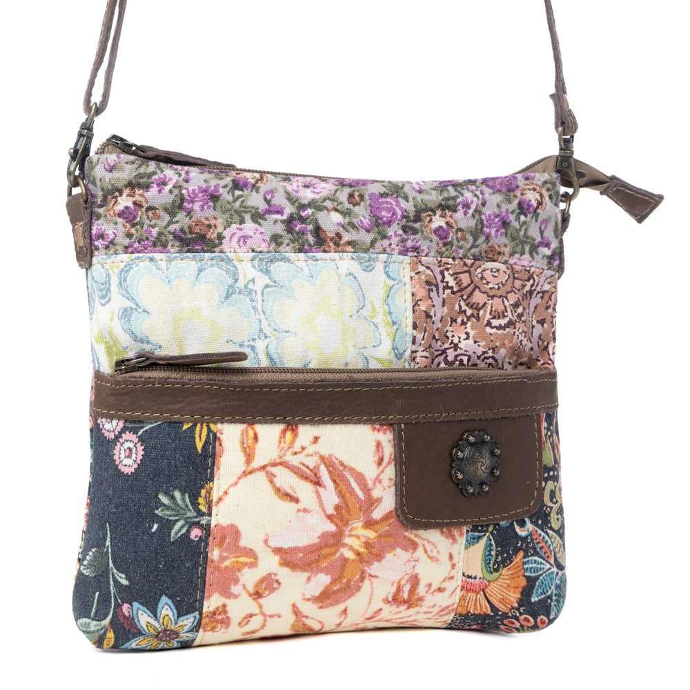 Myra La Fleur Patchwork Crossbody Bag â€“ Floral Canvas Panels, Brown Leather Accents, Boho Cowgirl Everyday Purse - Myra USA