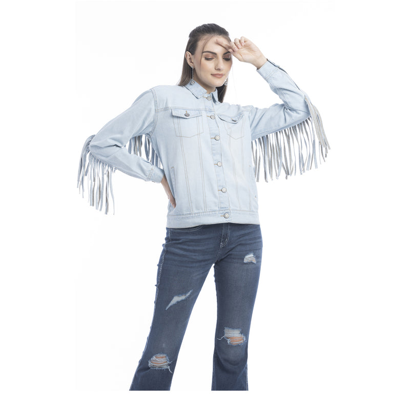 Cassie Fringed Light Wash Denim Jacket