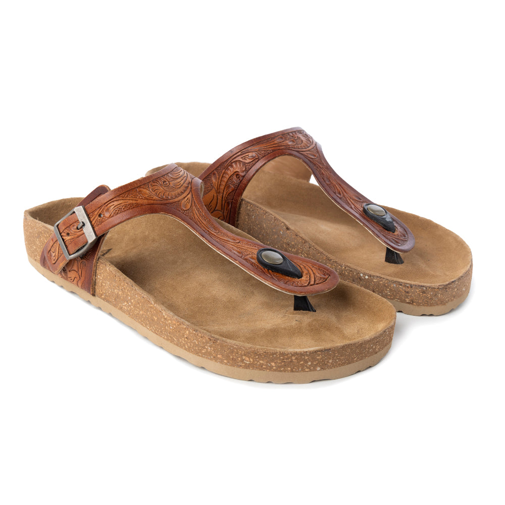 Myra Crockler Handtooled Leather Sandals for Women â€“ Adjustable Western Straps with Comfortable Cork Sole and Engraved Floral Pattern - Myra USA