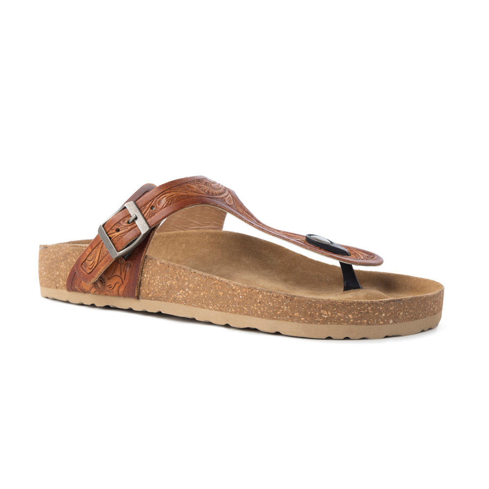 Myra Crockler Handtooled Leather Sandals for Women â€“ Adjustable Western Straps with Comfortable Cork Sole and Engraved Floral Pattern - Myra USA