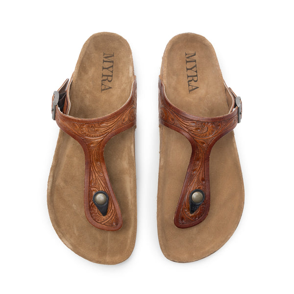 Myra Crockler Handtooled Leather Sandals for Women â€“ Adjustable Western Straps with Comfortable Cork Sole and Engraved Floral Pattern - Myra USA