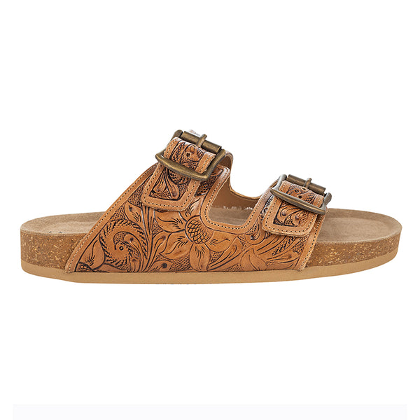 Brown Hand-Tooled Sandals with open-toe design and adjustable straps