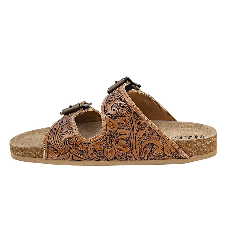 Brown Hand-Tooled Sandals with open-toe design and adjustable straps