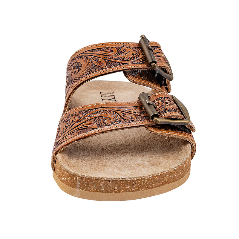 Brown Hand-Tooled Sandals with open-toe design and adjustable straps