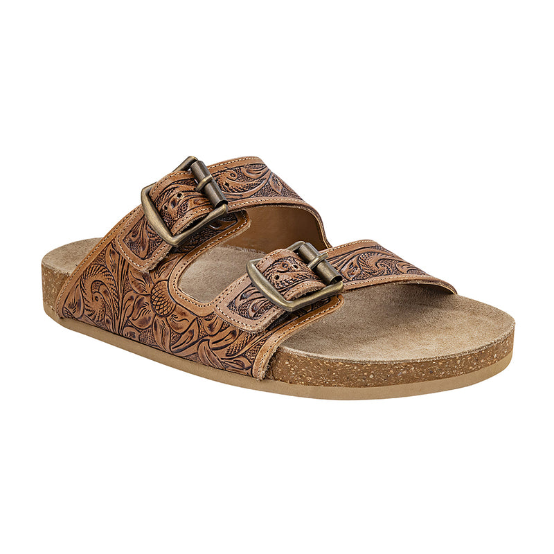 Brown Hand-Tooled Sandals with open-toe design and adjustable straps