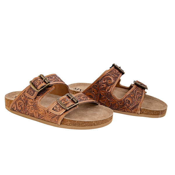 Brown Hand-Tooled Sandals with open-toe design and adjustable straps